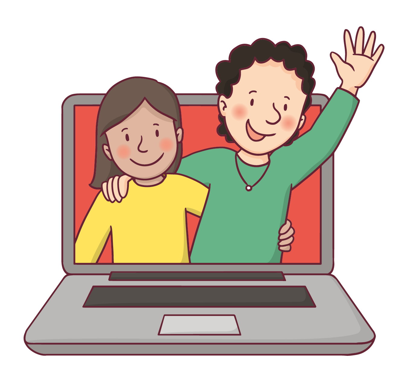 Zwei Kinder winken aus einem Laptop heraus